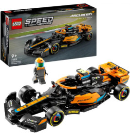 LEGO McLaren Formel-1-Auto mit Minifigur, auf der Verpackung ist das gebaute Modell auf einer Rennstrecke zu sehen.