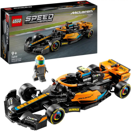 LEGO McLaren Formel-1-Auto mit Minifigur, auf der Verpackung ist das gebaute Modell auf einer Rennstrecke zu sehen.