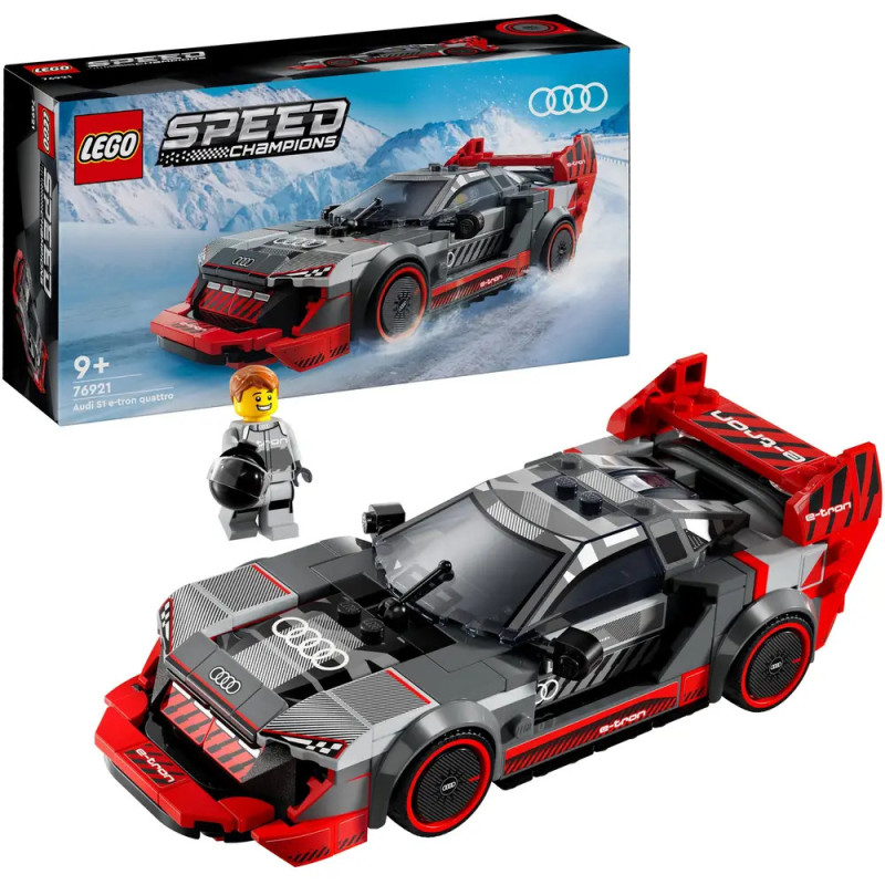 LEGO-Set Audi Sport Quattro mit Minifigur und Verpackung, auf der ein schneebedecktes Bergpanorama zu sehen ist.