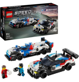 LEGO Speed Champions BMW Set mit zwei Rennwagen, zwei Minifiguren und der Verpackung im Hintergrund.