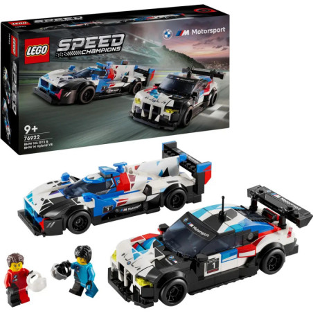 LEGO Speed Champions BMW Set mit zwei Rennwagen, zwei Minifiguren und der Verpackung im Hintergrund.