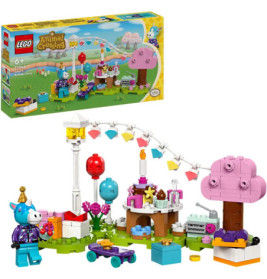 LEGO Animal Crossing Geburtstagsparty-Set mit bunten Figuren, Bäumen, Deko und Zubehör ist ausgestellt.