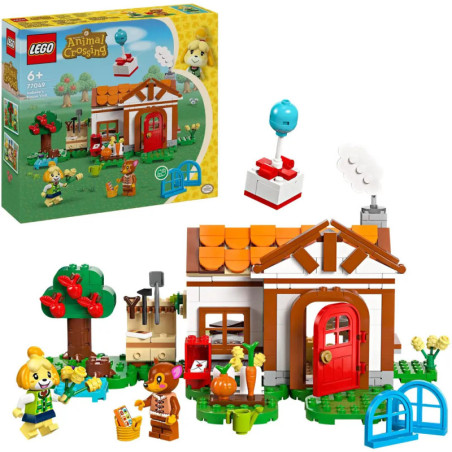 LEGO Animal Crossing Set mit Haus, Bäumen, zwei Figuren, Zubehör und Verpackung im Hintergrund.