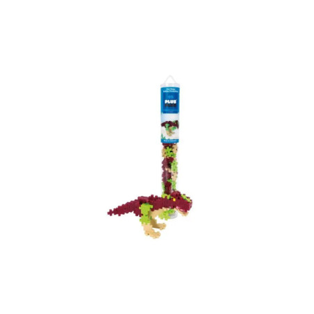 Bunte Steckbausteine als Dinosaurier zusammengebaut, darüber ist die Verpackung der Bausteine zu sehen.