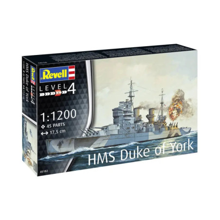 Revell Bausatz HMS Duke of York, Level 4, Maßstab 1:1200, 45 Teile, Länge 17,5 cm.