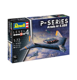 Revell P-Series Arado Ar E.555 Modellbausatz mit Artwork eines futuristischen Flugzeugs über einer Stadt.