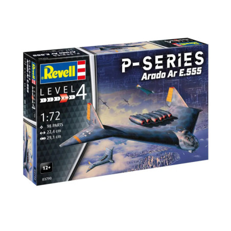 Revell P-Series Arado Ar E.555 Modellbausatz mit Artwork eines futuristischen Flugzeugs über einer Stadt.