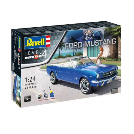 Revell Level 4 Modellbausatzbox mit einer Illustration eines blauen 1960er Ford Mustang Cabriolets.
