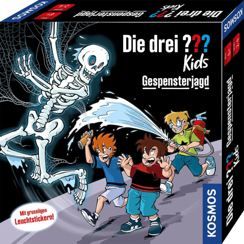 Drei Kinder fliehen vor einem leuchtenden Skelett und bespritzen es mit Wasser deutscher Text auf dem Spielkarton.