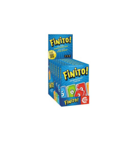 Finito!-Kartenspiel-Display mit bunten Zahlenkarten auf der Verpackung vor blauem Hintergrund.