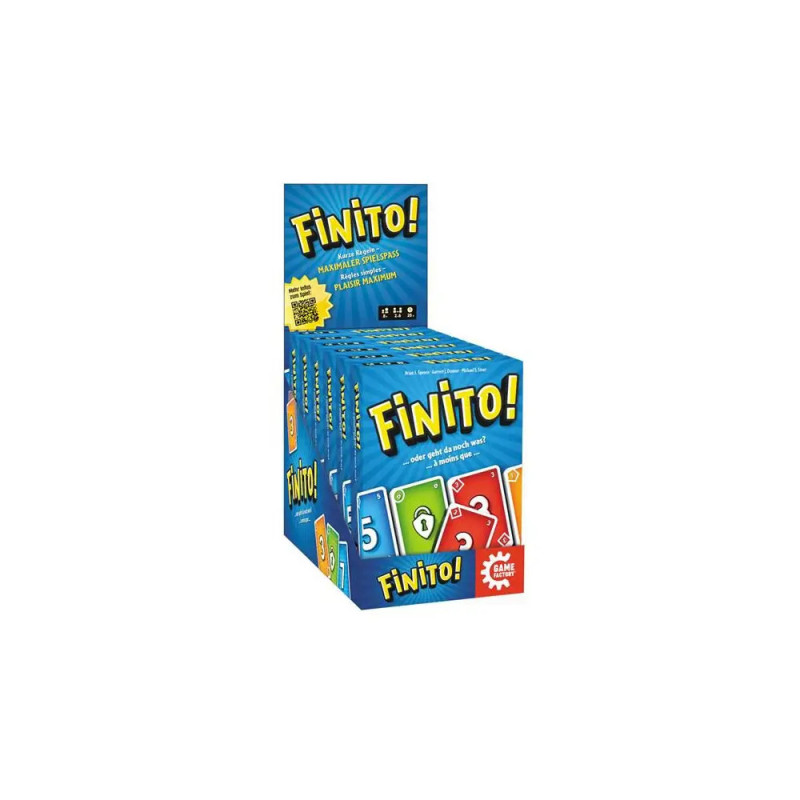 Finito!-Kartenspiel-Display mit bunten Zahlenkarten auf der Verpackung vor blauem Hintergrund.