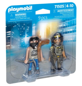 Zwei Playmobil-Figuren, ein Bandit und ein Polizist, originalverpackt.