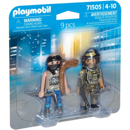 Zwei Playmobil-Figuren, ein Bandit und ein Polizist, originalverpackt.