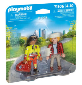 Zwei Playmobil-Figuren in Verpackung: Eine mit gelber Sanitäterkleidung, eine mit rotem Karohemd und weißem Hut.
