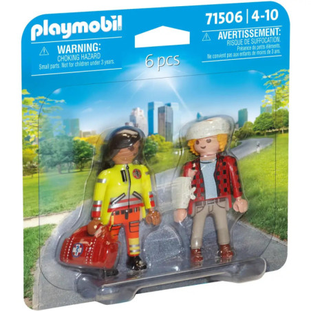 Zwei Playmobil-Figuren in Verpackung: Eine mit gelber Sanitäterkleidung, eine mit rotem Karohemd und weißem Hut.