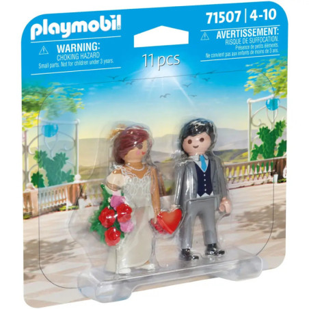 Playmobil Hochzeitspaar im Karton, Braut mit Blumen, Bräutigam im Anzug, geeignet für Kinder von 4-10 Jahren.