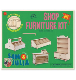 Box für ein DIY-Möbelset mit Montageanleitungen und Bildern von Holzregalen und Tischen.