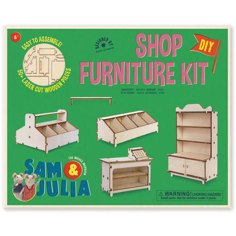 Box für ein DIY-Möbelset mit Montageanleitungen und Bildern von Holzregalen und Tischen.