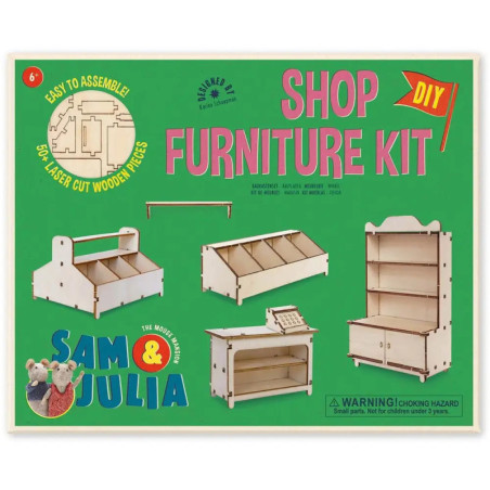 Box für ein DIY-Möbelset mit Montageanleitungen und Bildern von Holzregalen und Tischen.