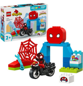 LEGO DUPLO Spidey Set mit Spider-Man Figur, Motorrad, Netz, Bausteinen und Verpackung im Hintergrund.