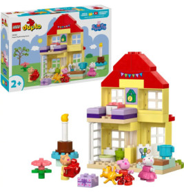LEGO DUPLO Peppa Pig Spielhaus mit Figuren und Zubehör, zusammen mit Verpackung abgebildet.