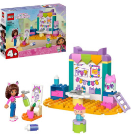 LEGO Gabbys Dollhouse Set mit Minifigur, Kunstzubehör, Staffelei und farbenfrohem Hintergrund.