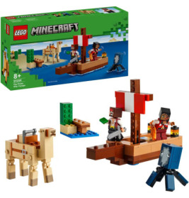 LEGO Minecraft-Set The Pirate Ship Voyage mit Schiff, Figuren, Tieren und Verpackung abgebildet.