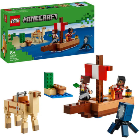 LEGO Minecraft-Set The Pirate Ship Voyage mit Schiff, Figuren, Tieren und Verpackung abgebildet. LEGO Minecraft-Set The Pirate Ship Voyage mit Schiff, Figuren, Tieren und Verpackung abgebildet.