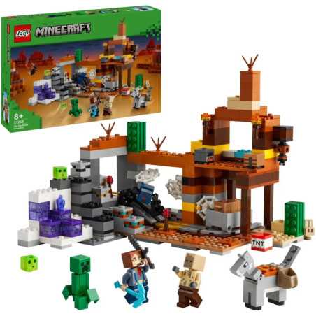 LEGO Minecraft Set mit Minifiguren, Tieren, TNT-Block und bunter Wüstenhöhle. Verpackung oben abgebildet.