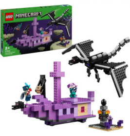 LEGO Minecraft Ender Dragon Set mit Figuren, violettem Schiff, schwarzem Drachen und Verpackung.