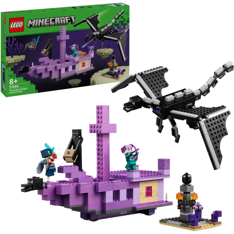LEGO Minecraft Ender Dragon Set mit Figuren, violettem Schiff, schwarzem Drachen und Verpackung. LEGO Minecraft Ender Dragon Set mit Figuren, violettem Schiff, schwarzem Drachen und Verpackung.