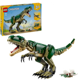 LEGO Creator Set mit grünem T. rex, Verpackung und kleinem Knochenmodell.