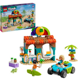 LEGO Friends Strand-Saftbar mit zwei Spielfiguren, Auto, Surfbrett, Frosch und Zubehör.