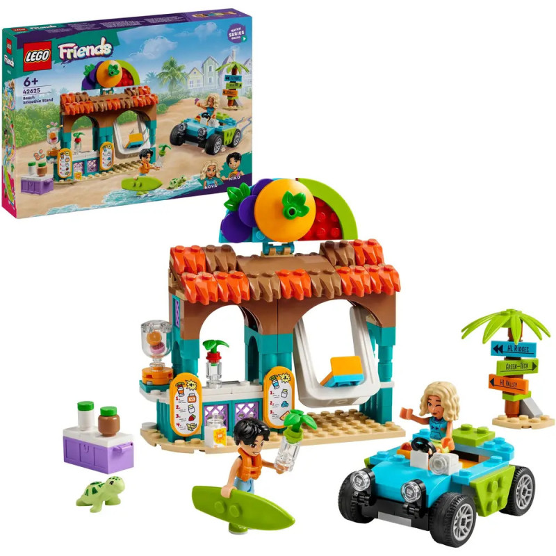 LEGO Friends Strand-Saftbar mit zwei Spielfiguren, Auto, Surfbrett, Frosch und Zubehör. LEGO Friends Strand-Saftbar mit zwei Spielfiguren, Auto, Surfbrett, Frosch und Zubehör.