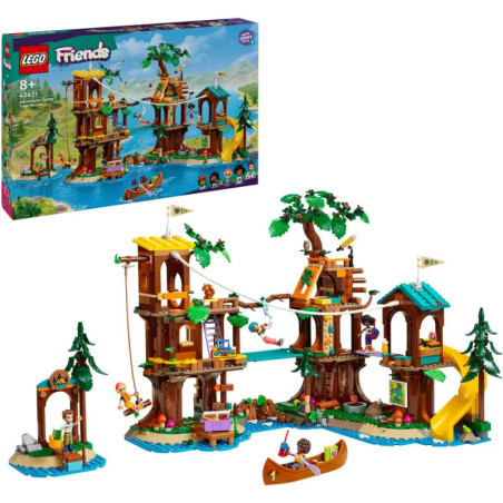 LEGO Friends Baumhaus-Set mit Figuren, Rutsche, Kanu und detaillierter Verpackung im Hintergrund.