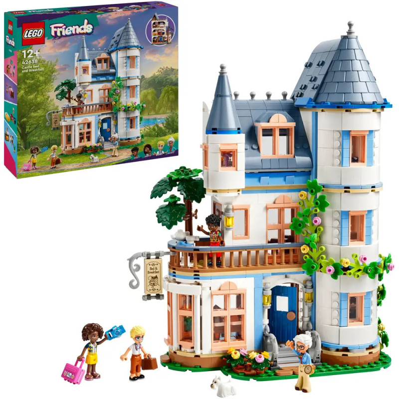 LEGO Friends Set mit zweistöckigem Haus, drei Minifiguren, Hund und Produktverpackung im Hintergrund. LEGO Friends Set mit zweistöckigem Haus, drei Minifiguren, Hund und Produktverpackung im Hintergrund.