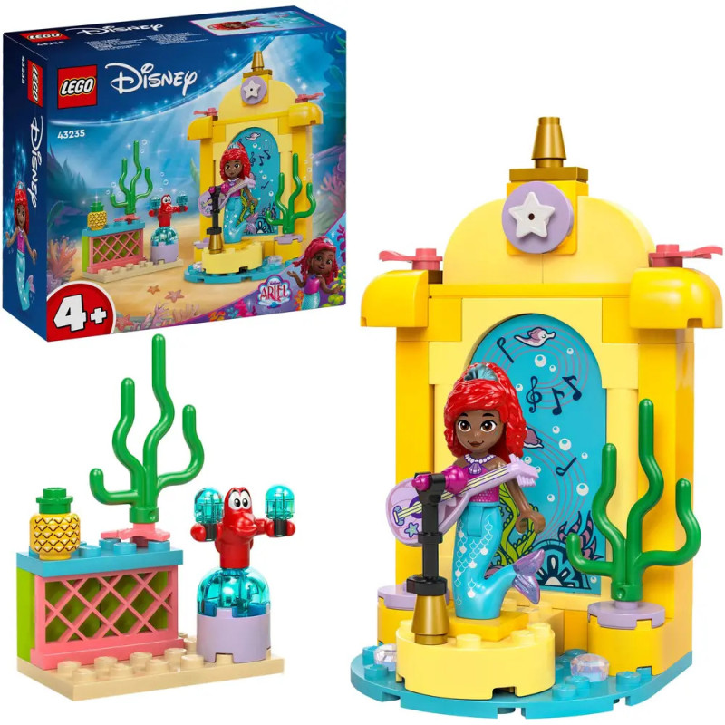 LEGO Disney Set mit Arielle-Minifigur auf Bühne, kleiner Nebenszene und Box im Hintergrund. LEGO Disney Set mit Arielle-Minifigur auf Bühne, kleiner Nebenszene und Box im Hintergrund.