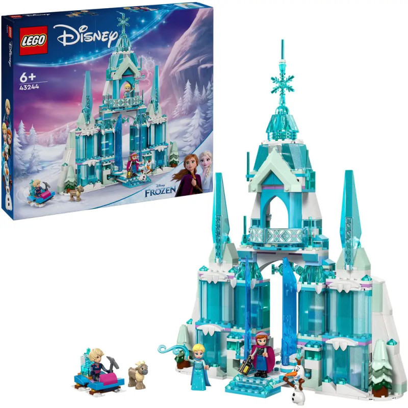 LEGO-Set Disney Frozen Ice Castle mit Figuren, Verpackung und aufgebautem Schloss auf einen Blick.