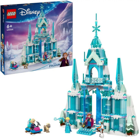 LEGO-Set Disney Frozen Ice Castle mit Figuren, Verpackung und aufgebautem Schloss auf einen Blick.
