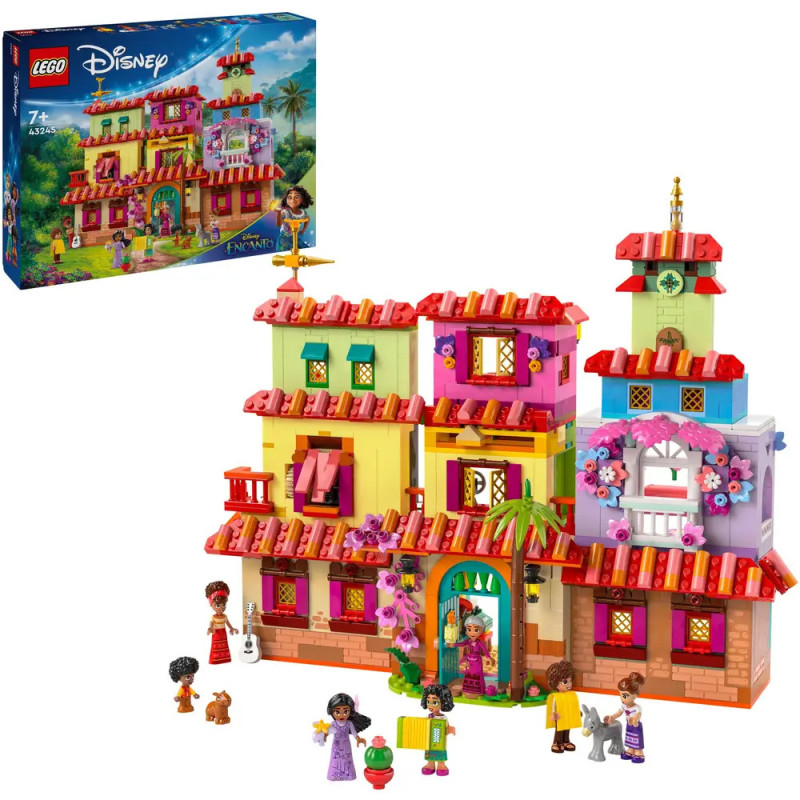 LEGO Disney Encanto Set mit buntem Haus, Figuren und passender Verpackung im gleichen farbenfrohen Design.