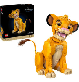LEGO-Set von Simba aus Disneys Der König der Löwen mit Verpackung, die das fertige Modell zeigt.
