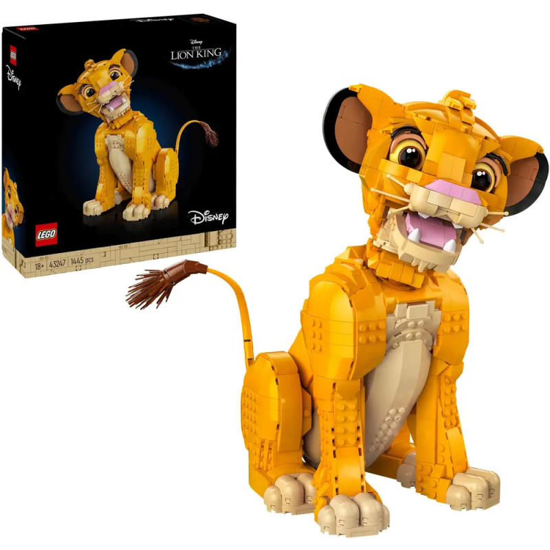 LEGO-Set von Simba aus Disneys Der König der Löwen mit Verpackung, die das fertige Modell zeigt.