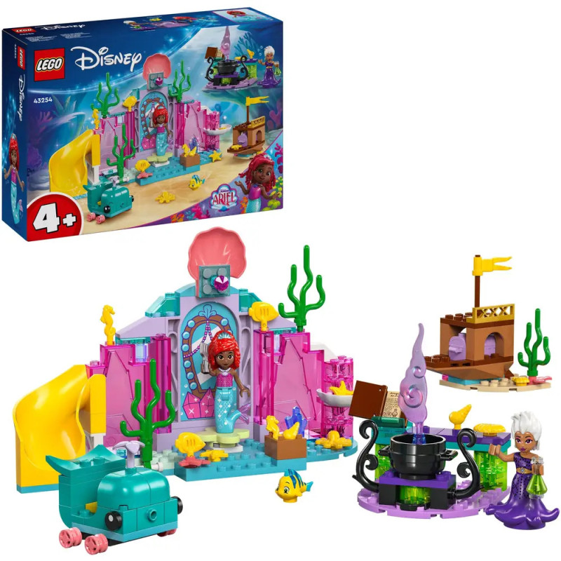 LEGO Disney Arielle Set: Figuren, Unterwasserschloss, Rutsche, Ursula, Zubehör. Verpackung im Hintergrund. LEGO Disney Arielle Set: Figuren, Unterwasserschloss, Rutsche, Ursula, Zubehör. Verpackung im Hintergrund.