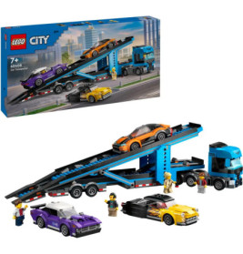 LEGO City Autotransporter-Set mit blauem LKW, drei Autos, vier Minifiguren und Verpackung im Hintergrund.