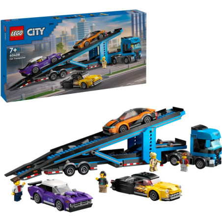 LEGO City Autotransporter-Set mit blauem LKW, drei Autos, vier Minifiguren und Verpackung im Hintergrund.