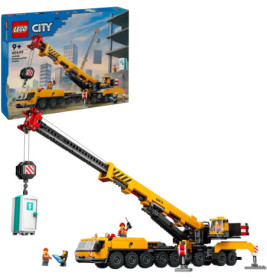 LEGO City Kranwagen-Set: Arbeiter heben Toilettenkabine, Verpackung im Hintergrund sichtbar.