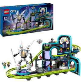 LEGO City Set mit Roboter, Achterbahn, Arcade-Gebäude und Minifiguren, geeignet für Kinder ab 8 Jahren.