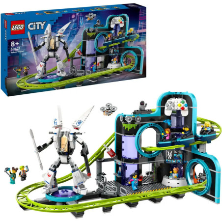LEGO City Set mit Roboter, Achterbahn, Arcade-Gebäude und Minifiguren, geeignet für Kinder ab 8 Jahren.
