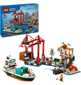LEGO City Hafen-Set mit Frachtschiff, Kran, Anleger, Minifiguren und Verpackung im Hintergrund.