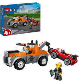 LEGO Abschleppwagen-Set mit Minifiguren und rotem Auto für Kinder ab 4 Jahren, Box im Hintergrund sichtbar.